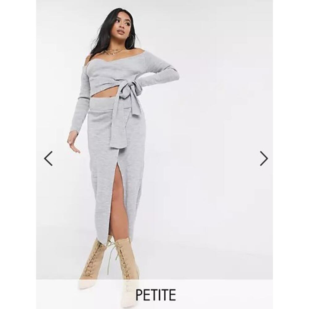 NWT Missguided Petite co-ord wrap knitted midi skirt in grey size 4 - Picture 3 of 5